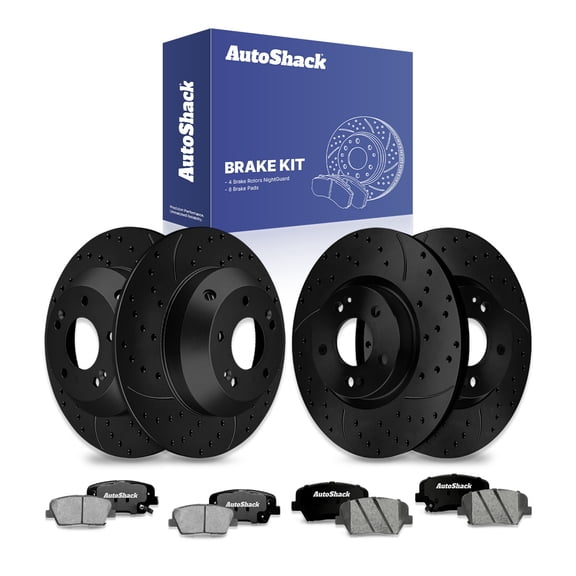 AutoShack Front & Rear Drilled & Slotted Brake Rotors Ceramic Brake Pads | Replacement For 2011-2013 Kia Sorento 2010-2012 Hyundai Santa Fe V6 FWD | Black E-Coated | 12-PC Brake Kit | NightGuard