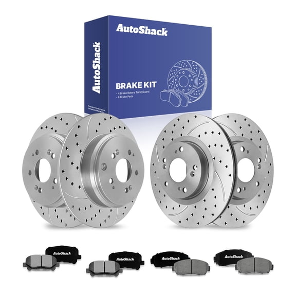 AutoShack Front & Rear Brake Rotors & Ceramic Pads for Honda, Odyssey 2011-2017, FWD V6 3.5L - Coated Drilled & Slotted - Silver Matte Finish - TurboGuard