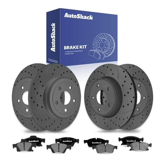 AutoShack Front & Rear Brake Rotors & Ceramic Pads for Jeep, Grand Cherokee 2011-2017, AWD RWD V6 3.0L 3.6L V8 5.7L - Coated Drilled & Slotted - Black Matte Finish - BlackShield