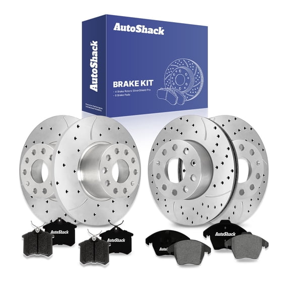AutoShack Front & Rear Drilled & Slotted Brake Rotors Ceramic Brake Pads | Replacement for 2012-2018 VW Jetta 2014-2016 2018 Beetle 2.0L FWD | Silver Zinc Coated | 12-PC Brake Kit | SilverShield Pro