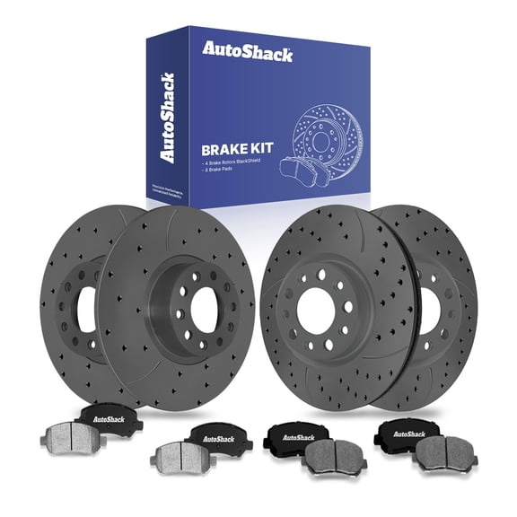 AutoShack Front & Rear Brake Rotors & Ceramic Pads for Dodge, Dart 2013-2016, FWD L4 1.4L 2.0L 2.4L - Coated Drilled & Slotted - Black Matte Finish - BlackShield