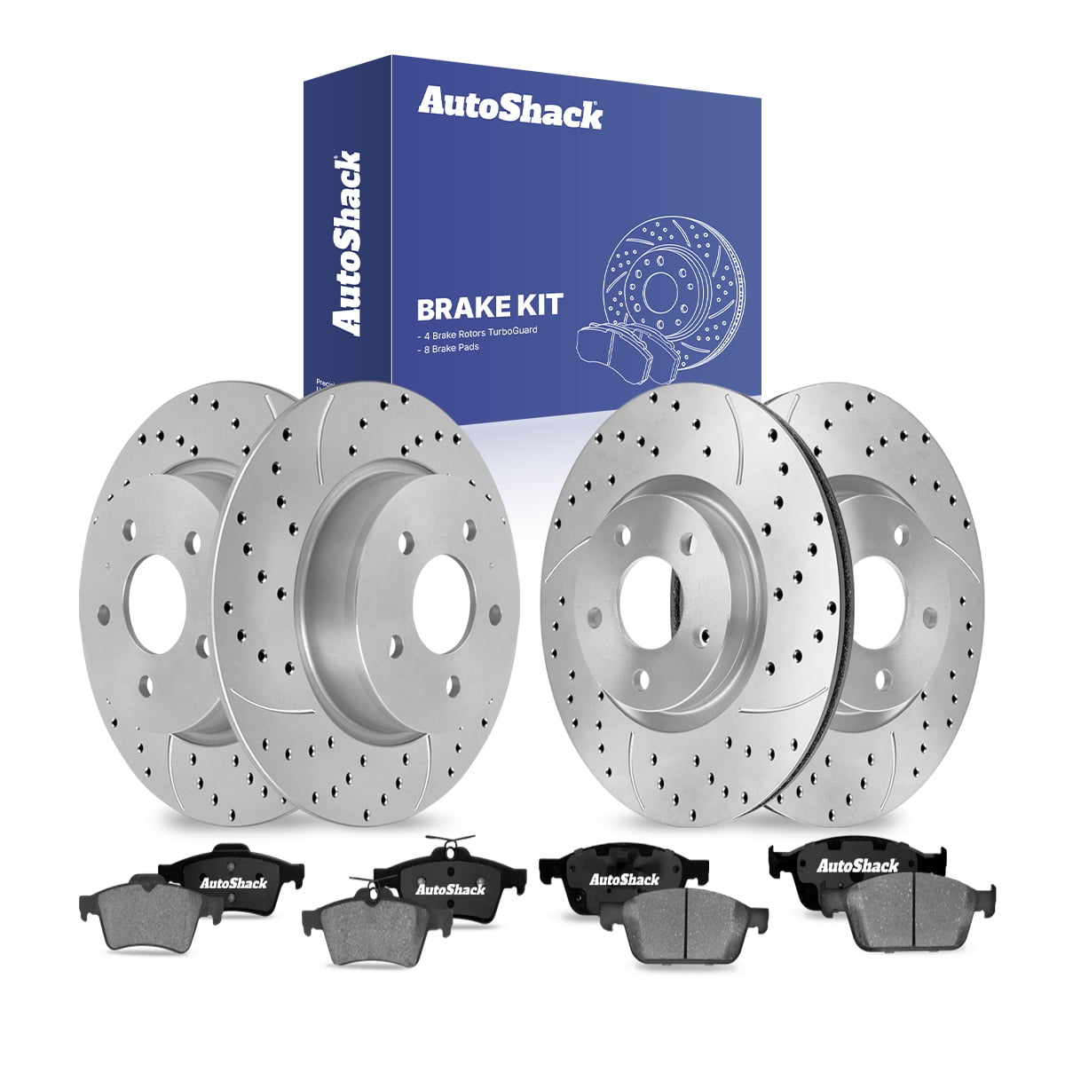 AutoShack Front & Rear Brake Rotors & Ceramic Pads for Ford, Escape 2013-2016 Transit Connect 2014-2018, AWD FWD L4 1.6L 2.0L 2.5L - Coated Drilled & Slotted - Silver Matte Finish - TurboGuard