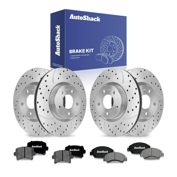 AutoShack Front Vented & Rear Vented Drilled & Slotted Coated Brake Rotors Silver Matte Finish + Ceramic Pads 12-PC Brake Kit Replacement for 2014-2019 Cadillac XTS TurboGuard