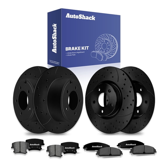 AutoShack Front & Rear Brake Rotors & Ceramic Pads for Dodge, Avenger 2014, FWD V6 3.6L - E-Coated Drilled & Slotted - Black Finish - NightGuard