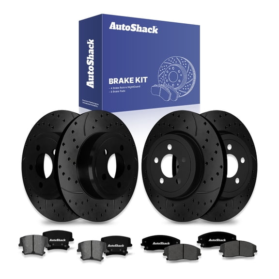 AutoShack Front & Rear Brake Rotors & Ceramic Pads for Dodge, Challenger 2012-2013, 2015-2018 Charger 2012-2013, RWD V6 3.6L - E-Coated Drilled & Slotted - Black Finish - NightGuard
