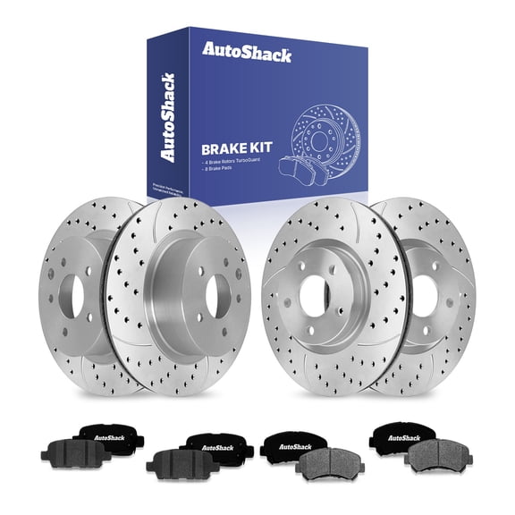 AutoShack Front & Rear Brake Rotors & Ceramic Pads for Nissan, Maxima 2009-2014, 2016-2020, FWD V6 3.5L - Coated Drilled & Slotted - Silver Matte Finish - TurboGuard