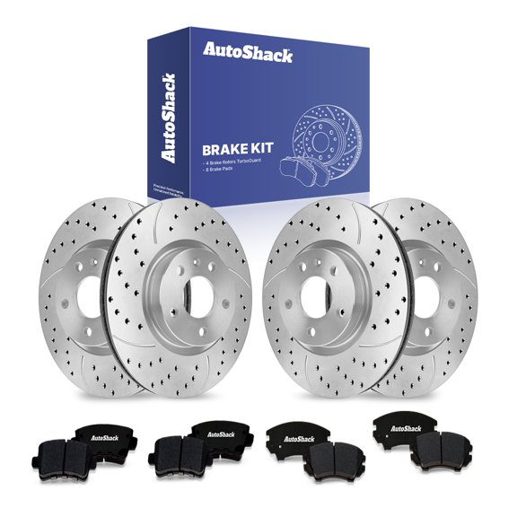 AutoShack Front Vented & Rear Vented Drilled & Slotted Coated Brake Rotors Silver Matte Finish + Ceramic Pads 12-PC Brake Kit Replacement for 2016 Buick LaCrosse 2011 Saab 9-5 TurboGuard