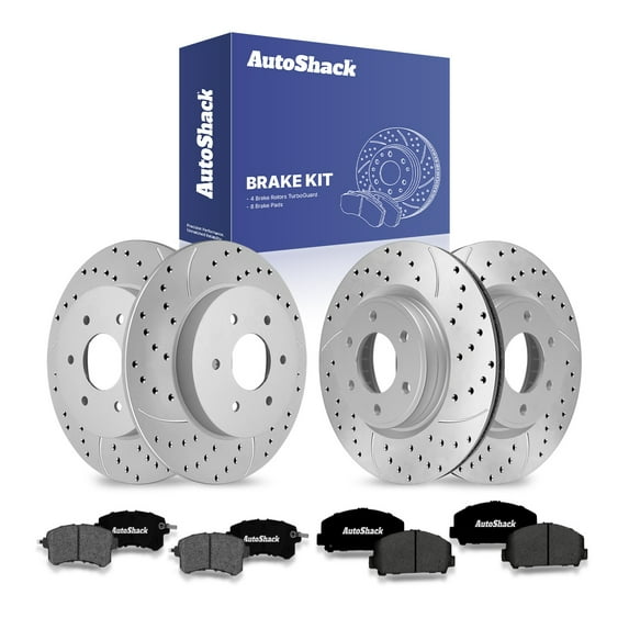 AutoShack Front & Rear Brake Rotors & Ceramic Pads for Nissan, Armada 2017-2019, AWD RWD V8 5.6L - Coated Drilled & Slotted - Silver Matte Finish - TurboGuard