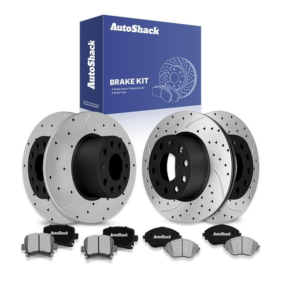 AutoShack Front & Rear Drilled & Slotted Brake Rotors Ceramic Brake Pads | Replacement for 2017 VW GTI 2.0L FWD | E-Coated | 12-PC Brake Kit | ShadowGuard
