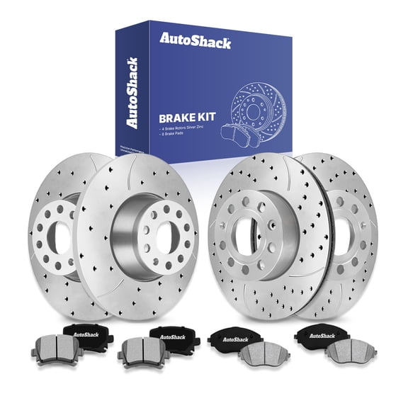 AutoShack Front & Rear Brake Rotors & Ceramic Pads for Volkswagen, GTI 2017, FWD L4 2.0L - Silver Zinc Coated Drilled & Slotted - SilverShield Pro