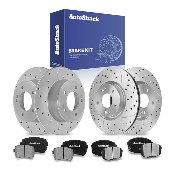 AutoShack Front & Rear Brake Rotors & Ceramic Pads for Hyundai, Kona 2020, FWD L4 2.0L - Coated Drilled & Slotted - Silver Matte Finish - TurboGuard