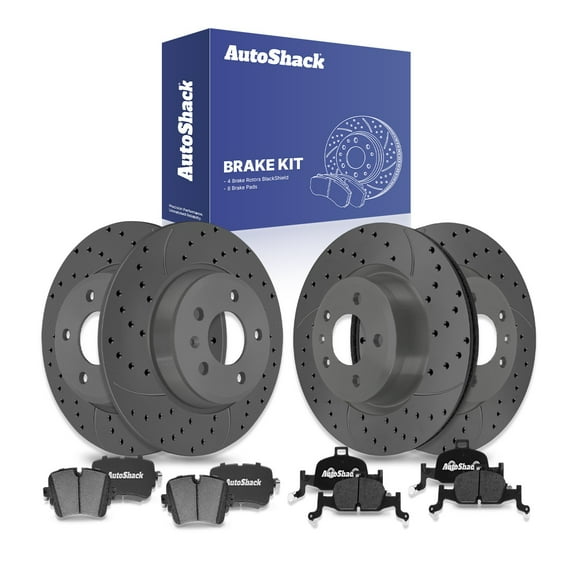 AutoShack Front Vented & Rear Solid Drilled & Slotted Coated Brake Rotors Black Matte Finish + Ceramic Pads 12-PC Brake Kit Replacement for 2021 Audi A7 Sportback BlackShield