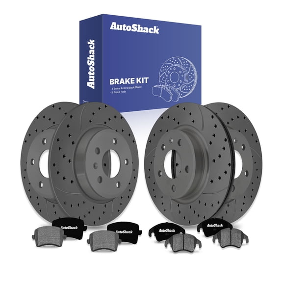 AutoShack Front & Rear Drilled & Slotted Brake Rotors Ceramic Brake Pads | Replacement For Audi A5 Quattro 2011-2016 A4 Quattro 2013-2016 allroad | Black Matte Finish | 12-PC Brake Kit | BlackShield