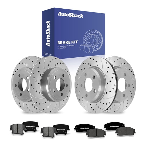 AutoShack Front & Rear Brake Rotors & Ceramic Pads for Dodge, Charger 2006-2016, 2018-2020, 2023, RWD AWD V6 2.7L 3.5L 3.6L - Coated Drilled & Slotted - Silver Matte Finish - TurboGuard