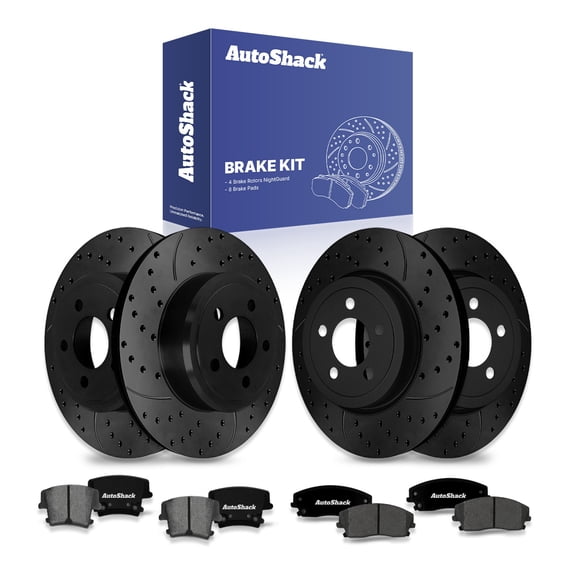 AutoShack Front & Rear Brake Rotors & Ceramic Pads for Dodge, Charger 2010, 2012-2013, 2023 Challenger 2012-2013, 2022, RWD V6 3.5L 3.6L - E-Coated Drilled & Slotted - Black Finish - NightGuard