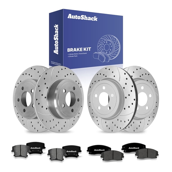 AutoShack Front & Rear Brake Rotors & Ceramic Pads for Dodge, Charger 2010, 2012-2013, 2023 Challenger 2012-2013, 2022, RWD V6 3.5L 3.6L - Coated Drilled & Slotted - Silver Matte Finish - TurboGuard