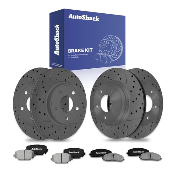 AutoShack Front & Rear Brake Rotors & Ceramic Pads for Dodge, Grand Caravan 2012-2020 Journey 2012-2020, FWD AWD L4 2.4L V6 3.6L - Coated Drilled & Slotted - Black Matte Finish - BlackShield