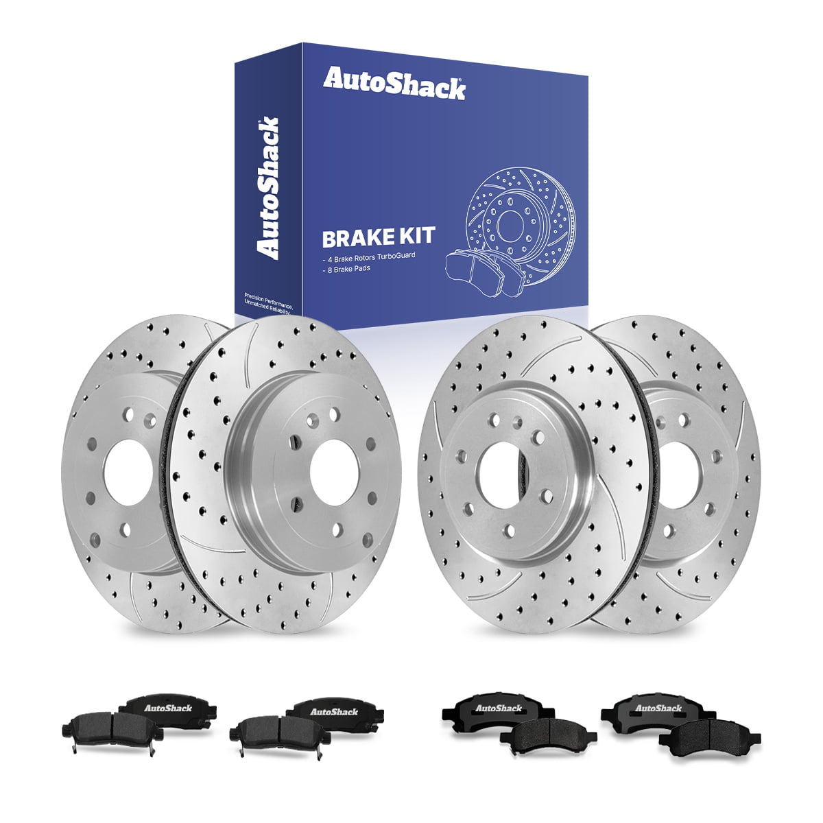 AutoShack Front & Rear Brake Rotors & Ceramic Pads for Chevrolet & GMC, Traverse 2009-2017 Acadia 2007-2016, AWD FWD V6 3.6L - Coated Drilled & Slotted - Silver Matte Finish - TurboGuard