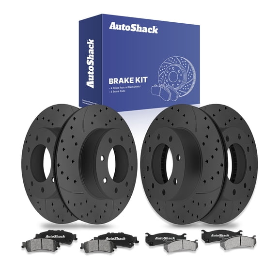 AutoShack Front Vented & Rear Vented Drilled & Slotted Coated Brake Rotors Black Matte Finish + Ceramic Pads 12-PC Brake Kit Replacement for 2007 GMC Sierra 1500 Classic BlackShield