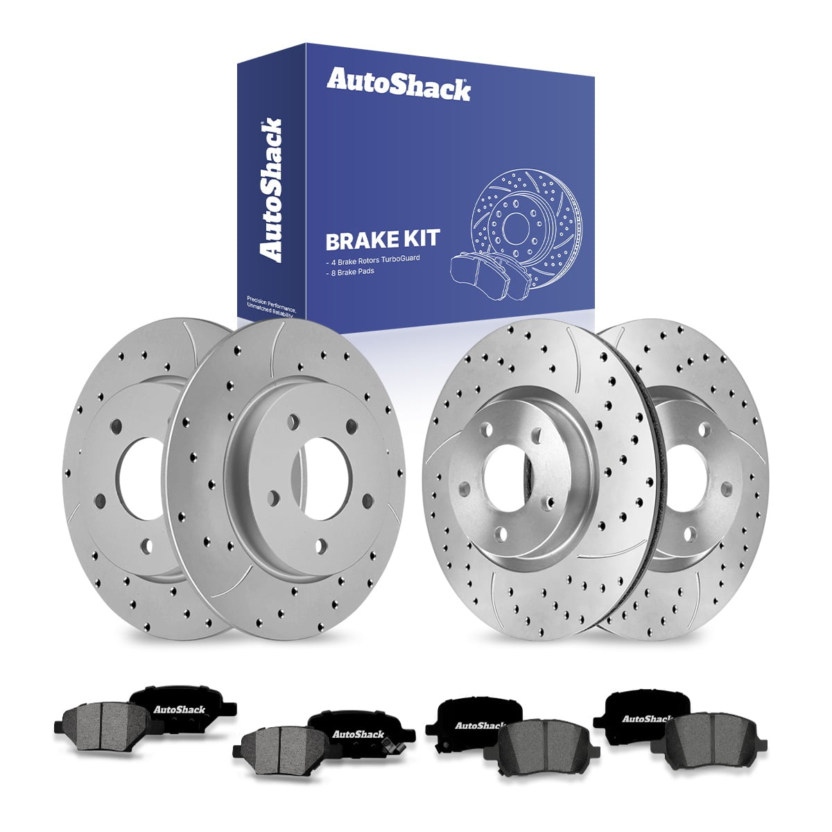 AutoShack Front & Rear Brake Rotors & Ceramic Pads for Chevrolet, Malibu 2004-2012, FWD L4 2.2L 2.4L V6 3.5L 3.6L 3.9L - Coated Drilled & Slotted - Silver Matte Finish - TurboGuard