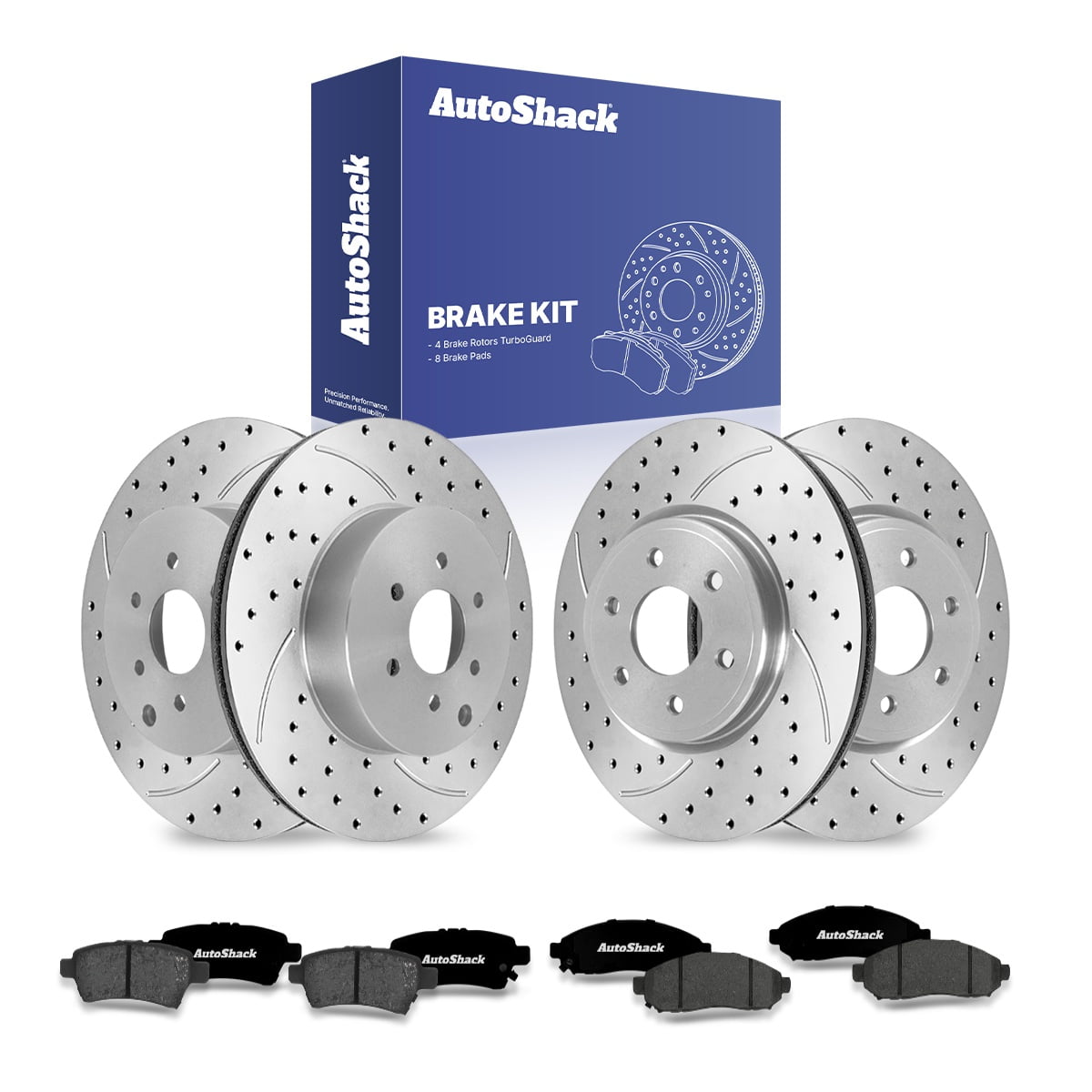 AutoShack Front & Rear Brake Rotors & Ceramic Pads for Nissan, Frontier 2005-2024 Xterra 2005, 2008-2015, 4WD RWD L4 2.5L V6 3.8L 4.0L - Coated Drilled & Slotted - Silver Matte Finish - TurboGuard