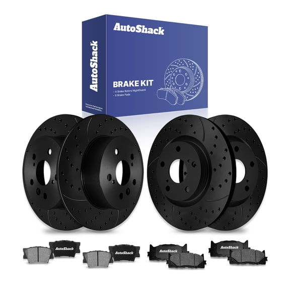 AutoShack Front & Rear Drilled & Slotted Brake Rotors Ceramic Brake Pads | Replacement For Toyota Avalon 2007-2011 Camry 2007-2010 Lexus ES350 FWD | Black E-Coated | 12-PC Brake Kit | NightGuard