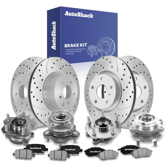 AutoShack Front & Rear Brake Rotors, Ceramic Pads & Hub Bearing Assemblies for INFINITI, M35 2010 M45 2009-2010, AWD V6 3.5L V8 4.5L - Silver Zinc Coated Drilled & Slotted - SilverShield Pro