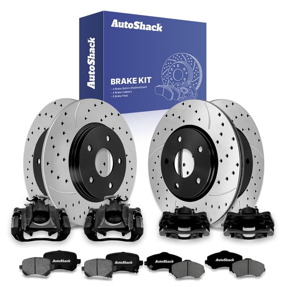 AutoShack Front & Rear Brake Rotors, Premium Pads & Black Calipers for Dodge, Grand Caravan 2008-2011, FWD V6 3.3L 3.6L 3.8L 4.0L - E-Coated Drilled & Slotted - ShadowGuard