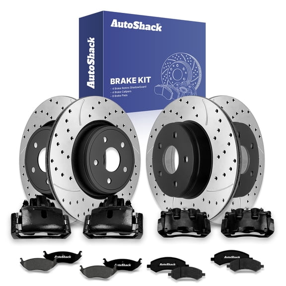 AutoShack Front & Rear Brake Rotors, Premium Pads & Black Calipers for Ram, 1500 2011-2018 1500 Classic 2019-2023, 4WD RWD V6 3.0L 3.6L 3.7L V8 4.7L 5.7L - E-Coated Drilled & Slotted - ShadowGuard