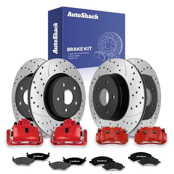 AutoShack Front & Rear Brake Rotors, Premium Pads & Red Calipers for Ram, 1500 2011-2018 1500 Classic 2019-2023, 4WD RWD V6 3.0L 3.6L 3.7L V8 4.7L 5.7L - E-Coated Drilled & Slotted - ShadowGuard