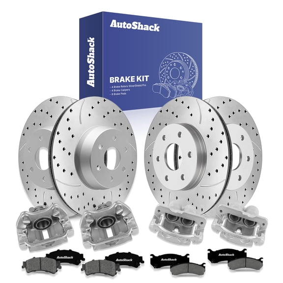 AutoShack Front & Rear Brake Rotors, Premium Pads & Calipers for GMC, Sierra 1500 2003, 4WD RWD V8 5.3L - Silver Zinc Coated Drilled & Slotted - SilverShield Pro
