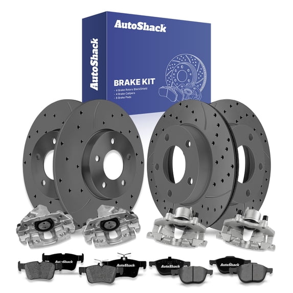 AutoShack Front & Rear Brake Rotors, Premium Pads & Calipers for Mazda, 3 2007, FWD L4 2.0L - Coated Drilled & Slotted - Black Matte Finish - BlackShield