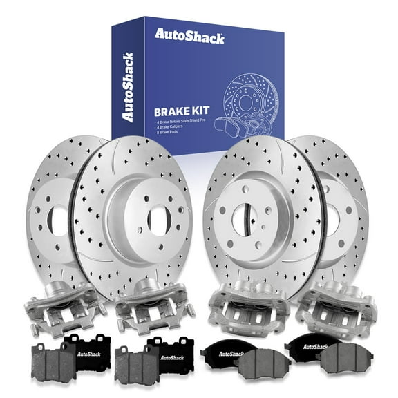 AutoShack Front & Rear Drilled Slotted Brake Rotors Premium Ceramic Brake Pads Calipers | Replacement for 2013 INFINITI M37 M56 2019 Q70 AWD | Silver Zinc Coated | 16-PC Brake Kit | SilverShield Pro