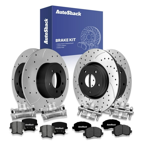 AutoShack Front Vented & Rear Solid Drilled & Slotted E-Coated Brake Rotors + Premium Ceramic Pads + Calipers 16-PC Brake Kit Replacement for 2014 Dodge Avenger ShadowGuard