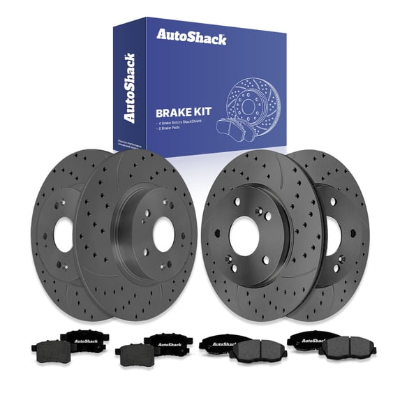 AutoShack Front & Rear Brake Rotors & Premium Pads for Honda, Accord 2008-2009, FWD L4 2.4L V6 3.5L - Coated Drilled & Slotted - Black Matte Finish - BlackShield