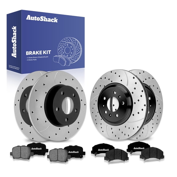 AutoShack Front & Rear Brake Rotors & Premium Pads for Chevrolet, Impala 2012-2013 Impala Limited 2014-2016, FWD V6 3.6L - E-Coated Drilled & Slotted - ShadowGuard