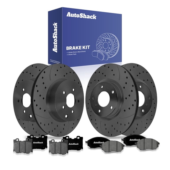 AutoShack Front & Rear Brake Rotors & Premium Pads for INFINITI, M37 2013 Q70 2019 M56 2013, AWD RWD V6 3.7L V8 5.6L - Coated Drilled & Slotted - Black Matte Finish - BlackShield
