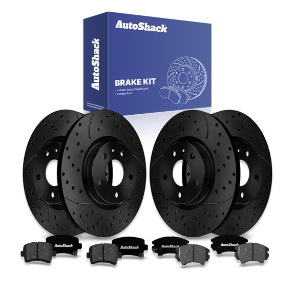AutoShack Front Vented & Rear Vented Drilled & Slotted E-Coated Brake Rotors Black Finish + Premium Ceramic Pads 12-PC Brake Kit Replacement for 2016 Buick LaCrosse 2011 Saab 9-5 NightGuard