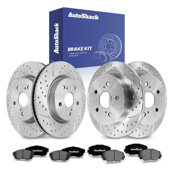AutoShack Front & Rear Brake Rotors & Premium Pads for Toyota, RAV4 2019-2024 Camry 2018-2024, AWD FWD L4 2.5L V6 3.5L - Silver Zinc Coated Drilled & Slotted - SilverShield Pro