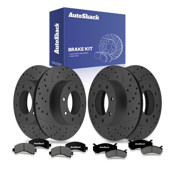 AutoShack Front & Rear Brake Rotors & Premium Pads for Chevrolet & GMC, Express 2500 2005 Savana 2500 2004-2005, AWD RWD V8 4.8L 6.0L - Coated Drilled & Slotted - Black Matte Finish - BlackShield
