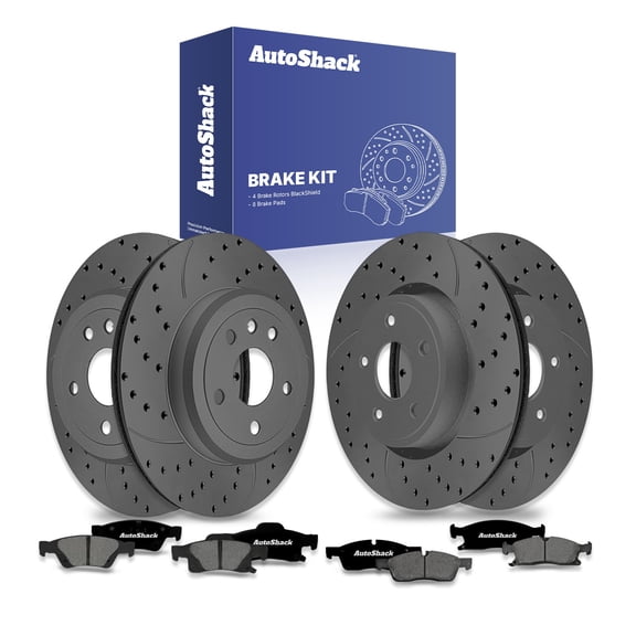 AutoShack Front & Rear Brake Rotors & Premium Pads for Jeep, Grand Cherokee 2011-2017, 2021, AWD RWD V6 3.0L 3.6L V8 5.7L - Coated Drilled & Slotted - Black Matte Finish - BlackShield