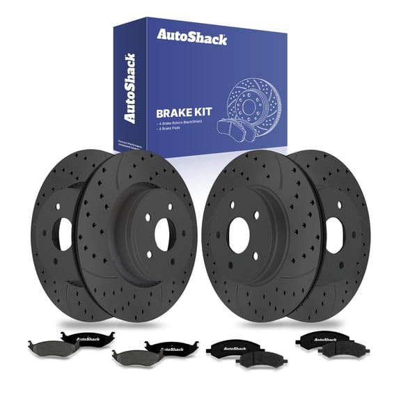 AutoShack Front & Rear Brake Rotors & Premium Pads for Ram, 1500 2011-2018, 4WD RWD V6 3.0L 3.6L 3.7L V8 4.7L 5.7L - Coated Drilled & Slotted - Black Matte Finish - BlackShield
