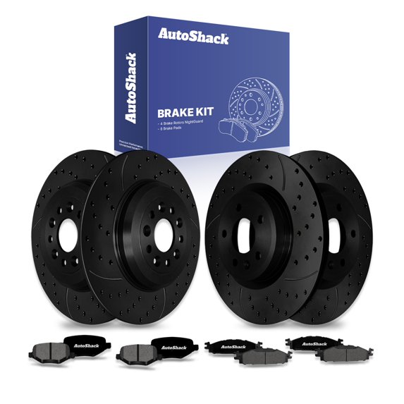 AutoShack Front & Rear Brake Rotors & Premium Pads for Ford, Explorer 2011-2019 Taurus 2010-2019 Flex 2009-2019, AWD FWD L4 2.0L 2.3L V6 3.5L - E-Coated Drilled & Slotted - Black Finish - NightGuard