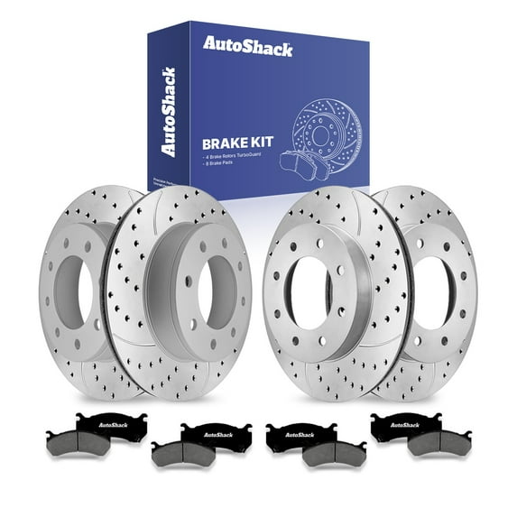 AutoShack Front & Rear Brake Rotors & Premium Pads for Chevrolet, Silverado 1500 HD 2002-2003, 2005, 4WD RWD V8 6.0L - Coated Drilled & Slotted - Silver Matte Finish - TurboGuard