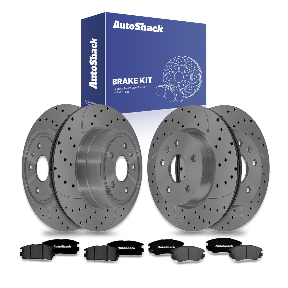 AutoShack Front & Rear Brake Rotors & Premium Pads for Chevrolet & GMC, Equinox 2010-2017 Terrain 2010-2017, AWD FWD L4 2.4L V6 3.0L 3.6L - Coated Drilled & Slotted - Black Matte Finish - BlackShield