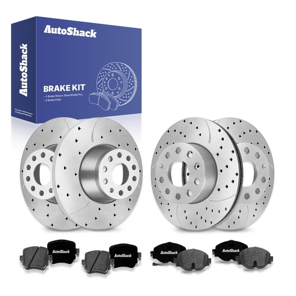 AutoShack Front & Rear Drilled Slotted Brake Rotors Premium Ceramic Brake Pads | Replacement for VW GTI Passat Golf Alltrack Golf SportWagen | Silver Zinc Coated | 12-PC Brake Kit | SilverShield Pro