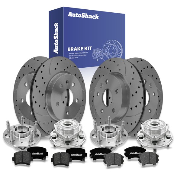 AutoShack Front Vented & Rear Vented Drilled & Slotted Coated Brake Rotors Black Matte Finish + Premium Ceramic Pads + Hub Bearing Assembly 16-PC Brake Kit Replacement for 2011 Saab 9-5 BlackShield