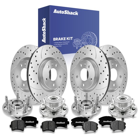 AutoShack Front Vented & Rear Vented Drilled & Slotted Coated Brake Rotors Silver Matte Finish + Premium Ceramic Pads + Hub Bearing Assembly 16-PC Brake Kit Replacement for 2011 Saab 9-5 TurboGuard