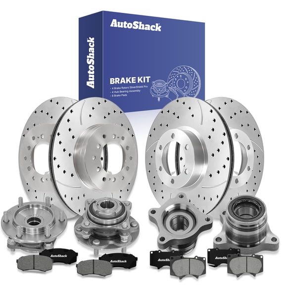 AutoShack Front & Rear Brake Rotors, Premium Pads & Hub Bearing Assemblies for Toyota, 4Runner 2003-2009, RWD V6 4.0L V8 4.7L - Silver Zinc Coated Drilled & Slotted - SilverShield Pro
