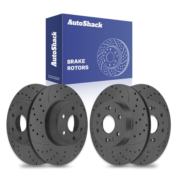 AutoShack Front & Rear Brake Rotors for GMC, Sierra 1500 2005-2006, 4WD AWD RWD V8 4.8L 5.3L 6.0L - Coated Drilled & Slotted - Black Matte Finish - BlackShield